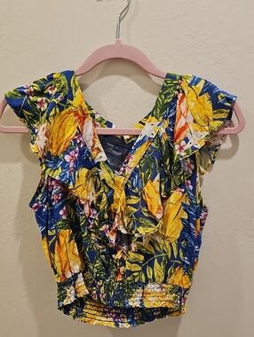RACHEL Rachel Roy Tropical Ruffle Crop Top - Blue & Yellow